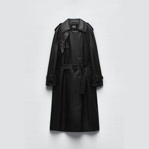 Zara Black Faux Leather Maxi Trench Coat Size XS